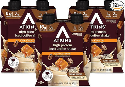 Atkins Café Caramel Iced Coffee Flavored Protein Shake, High Protein Shake, Low Glycemic, Low Carb and Low Sugar, Keto Friendly, Gluten Free, 12 Count