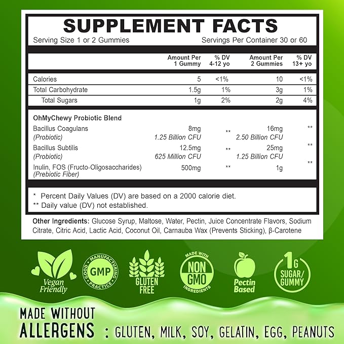 Center-Filled Kids Probiotic Gummies - with Prebiotic and Vegan Inulin Fiber for Digestive Support - Gut Health Supplement for 4+ Yo Children & Teens - Delicious Apple & Kiwi Flavor - 60 CT