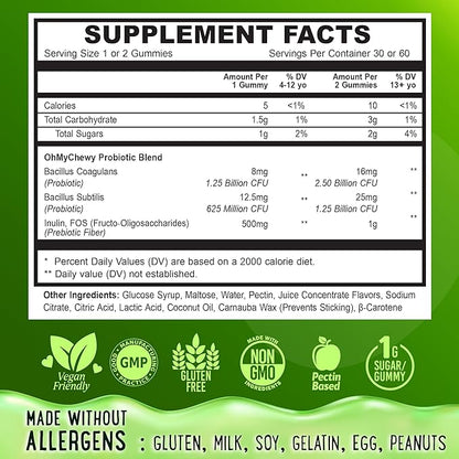 Center-Filled Kids Probiotic Gummies - with Prebiotic and Vegan Inulin Fiber for Digestive Support - Gut Health Supplement for 4+ Yo Children & Teens - Delicious Apple & Kiwi Flavor - 60 CT