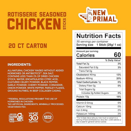 New Primal Rotisserie Chicken Sticks, Zero Sugar High Protein Snack, Gluten Free Whole30 Healthy Snacks, Keto and Paleo Friendly, Jerky Meat Stick, 10g Protein, 20 Ct