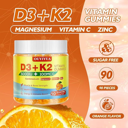 Vitamin D3 K2 Gummies，Vitamin D3 5000IU + K2 (MK-7) 100mcg Gummies for Adults | Immune Health Support, Teeth & Muscle Function Boost |90 Count