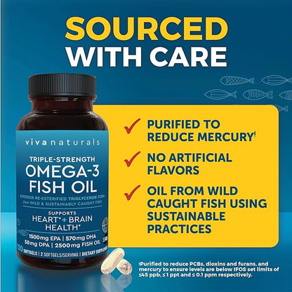 Viva Naturals Omega 3 Fish Oil Supplement for Women and Men - 2500 mg Triple Strength Fish Oil Pills with Re-Esterified Omega 3 Fatty Acids Including EPA, DHA DPA - 120 Pescatarian-Friendly Softgels