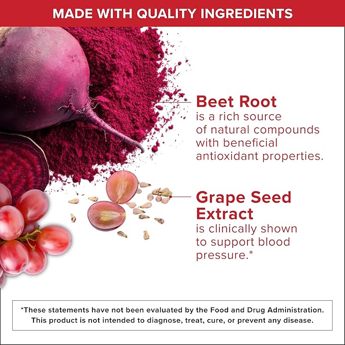 Qunol Blood Pressure Support, 3 in 1 Beets + CoQ10 + Grape Seed Extract, Beet Root Capsules that Supports Healthy Blood Circulation & Heart Healthy Energy, 60 Count (Pack of 1)