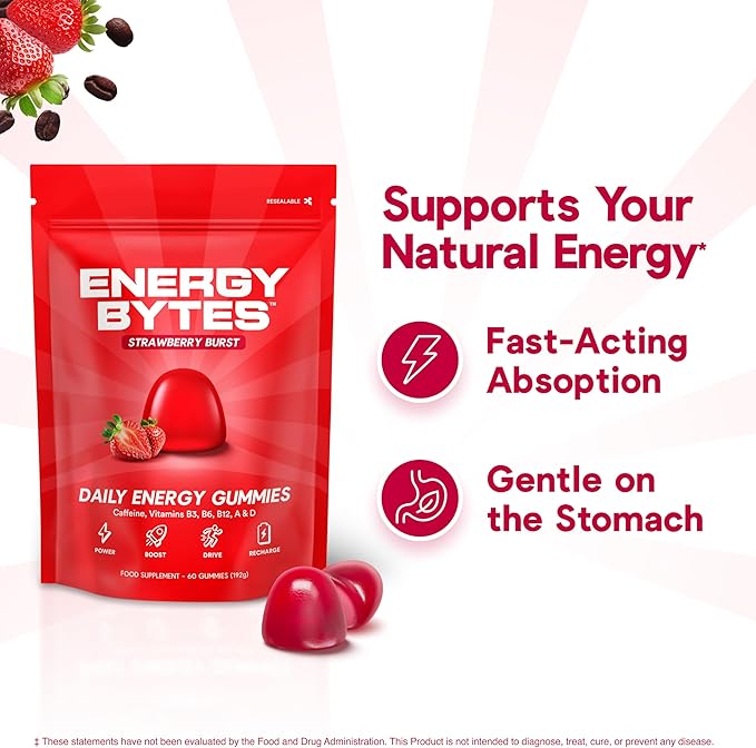Energy Bytes Daily Energy Gummies – Fast Acting Energy Chews with Caffeine & Vitamins B3 B6 B12 A & D – Stay Focused and Energised Through Your Day – 60 Bytes