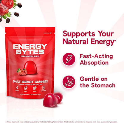 Energy Bytes Daily Energy Gummies – Fast Acting Energy Chews with Caffeine & Vitamins B3 B6 B12 A & D – Stay Focused and Energised Through Your Day – 60 Bytes