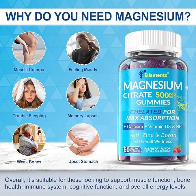 Sugar Free Magnesium Citrate Gummies 500mg for Women Men, Chelated Magnesium Supplement with B6 for Constipation | Calm Magnesium Gummies for Mood | Calcium Magnesium Zinc D3 Gummy for Bone & Muscle