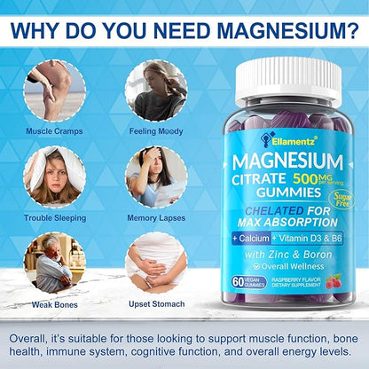 Sugar Free Magnesium Citrate Gummies 500mg for Women Men, Chelated Magnesium Supplement with B6 for Constipation | Calm Magnesium Gummies for Mood | Calcium Magnesium Zinc D3 Gummy for Bone & Muscle