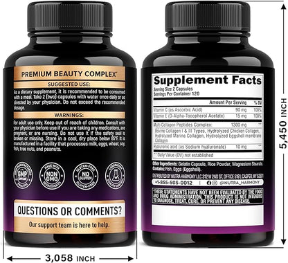 Multi Collagen Peptides - Hydrolyzed Types I, II, III, V & X - Collagen Supplement for Women 1300mg - w/ Hyaluronic Acid, Vitamins C & E - Skin, Hair, Nails & Joint Support - Made in USA, 240 Capsules
