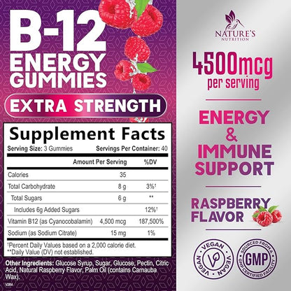 B12 Energy Gummies - 4500 mcg Vitamin B12 Per Serving - Extra Strength Chewable B12 Supplement for Energy, Metabolism & Immune Support - For Women, Men & Kids - Natural & Berry Flavored - 120 Gummies