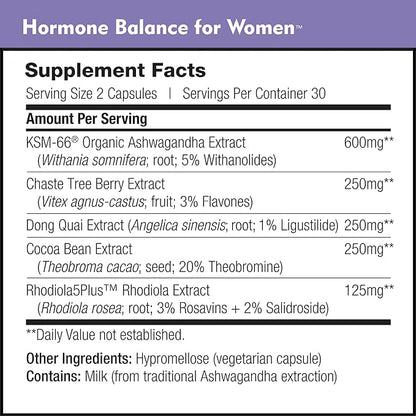 Hormone Balance - Women's Serotonin Supplement - KSM-66 Ashwagandha, Dong Quai, Chaste Tree Berry, Rhodiola, & Cocoa Bean Extracts - for Female Hormones, PMS, Menopause (60 Capsules)