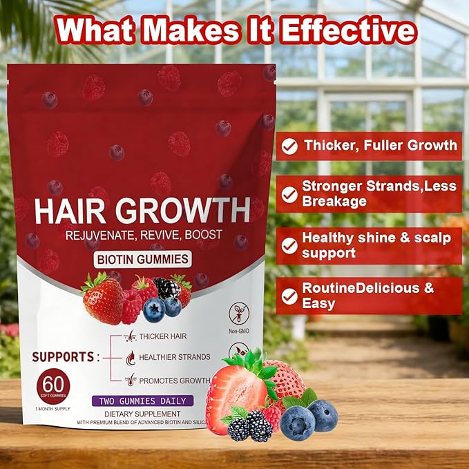 Lumin Hair Growth Gummies – Daily Hair Nourishment with Biotin, Collagen & Botanical Extracts – Supports Thicker, Stronger & Healthier-Looking Hair – Mixed Berry Flavor, 60 Gummies