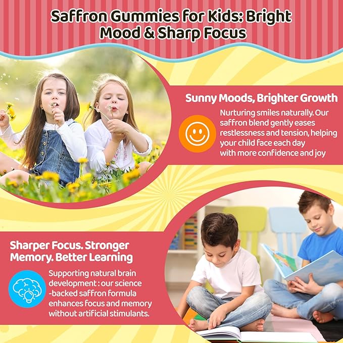 Liposomal Saffron Gummies for Kids 4+, Saffron Supplements w/Holy Basil, Rosemary, Magnesium Glycinate, Omega-3 & More, Brain Focus Support Supplement, Vegan, Organic, Sugar Free, 60 Chewables