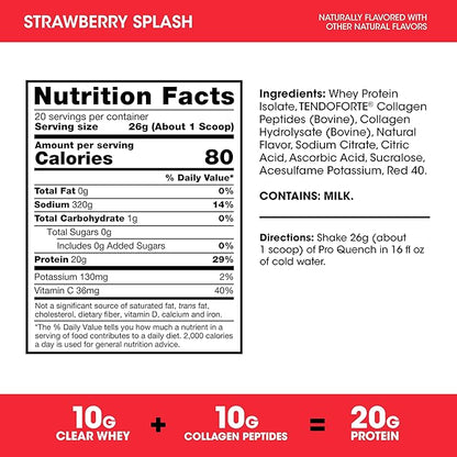 Optimum Nutrition Pro Quench, 10g Clear Protein, 10g Collagen peptides & Electrolyte Powder Drink Mix, Strawberry, 20 Servings, 520 Grams (Packaging May Vary)
