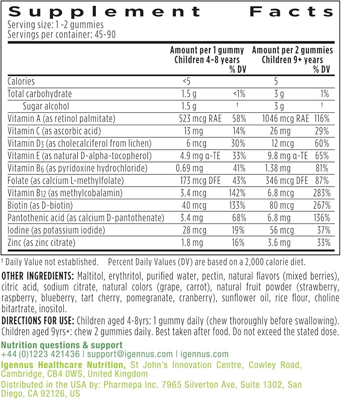 Igennus Methylated Kids Multivitamin Gummies, Clean Label & Third Party Tested, No Artificial Sweeteners or Flavors, Sugar Free, Age 4+, 6X 90 Natural Berry Flavor from Fruit Powder, Non-GMO, Halal