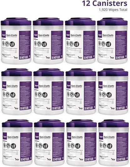 Super Sani-Cloth Germicidal Disposable Wipe, Hospital Grade Disinfection, 160 Large 6" x 6.75" Wipes Each, Case of 12 Canisters
