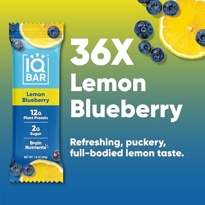 IQBAR Clean Plant Protein Bars - Lemon Blueberry - 36 Count - Keto, Vegan, High Fiber, Gluten and Dairy Free, Low Sugar Snack - Brain and Body Nutrients for Focus, Energy, Meal Replacement