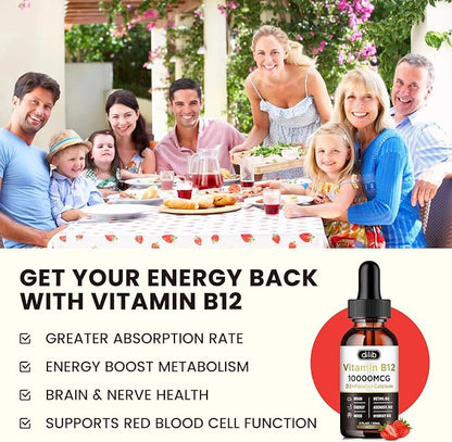Vitamin B12 Liquid Drops Sublingual 10000 mcg, Triple B-12 Complex Supplement, Methyl & Methylcobalamin Blend for Women & Men, Mood & Energy Booster, Metabolism & Health Support, 2 Pack