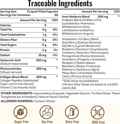 19-in-1 Hyaluronic Acid Capsules - Hylunaric Acid 1200 mg, with Collagen Peptides, Vitamin C, Phytoceramides - for Skin, Eyes, Gastrointestinal, Bones Support (1 Pack)