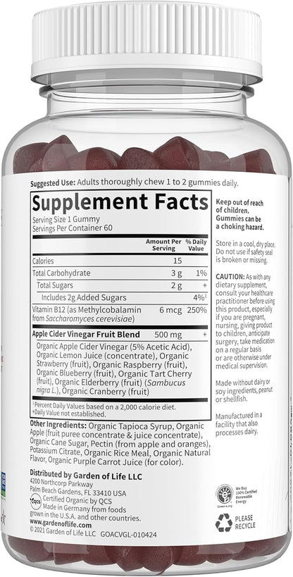 Garden of Life Organics Apple Cider Vinegar Gummies with Vitamin B12 – Organic ACV Gummy Vitamins, Vegan, Gluten-Free, Non-GMO, 60 Gummies