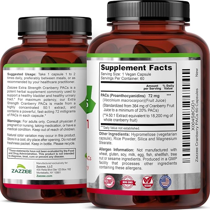 Zazzee Cranberry PACs 72 mg per Capsule, 50:1 Extract, 60 Vegan Capsules, 2X Strength, 2 Month Supply, Fast-Acting, Effective Urinary Tract & Bladder Support, 100% Soluble PACs, Made in the USA