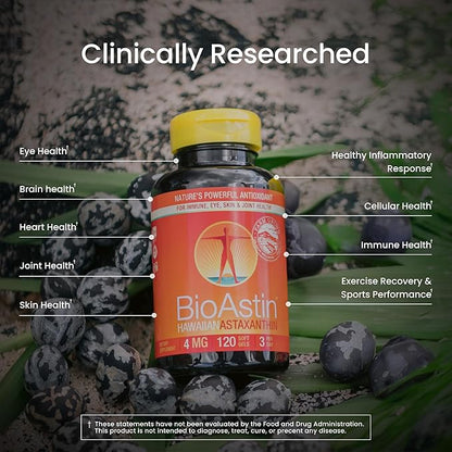 Nutrex Hawaii BioAstin Hawaiian Astaxanthin - 4mg, 120 Softgels - Farm-Direct Premium Antioxidant Supplement to Support Eye, Skin, Joint & Immune System Health - Non-GMO & Gluten-Free