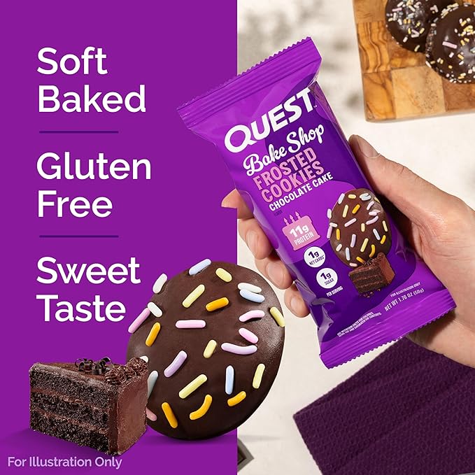Quest Nutrition Frosted Cookies Twin Pack, Chocolate Cake, 1g Sugar, 11g Protein, 1g Net Carbs, Gluten Free, 16 Cookies, (Pack of 2)