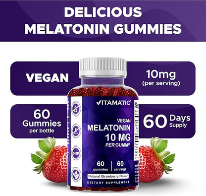Vitamatic Melatonin 10 mg Vegetarian Gummies – Non-Habit Forming – 60 Gummies per Bottle – 2-Pack (Total 120 Vegan Gummies)