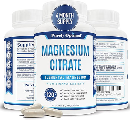 Purely Optimal Magnesium Citrate 500mg – Magnesium Supplement for Digestive Health, Gentle Constipation Relief, Muscle & Sleep Support, Calm & Relaxation – High Absorption, 120 Easy-to-Swallow Caps