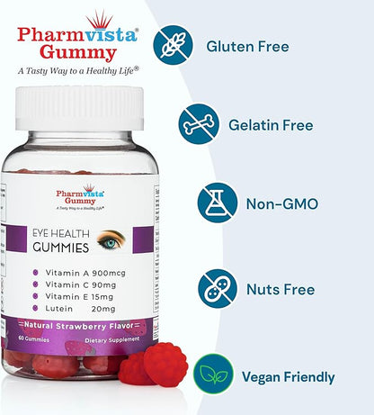 Pharmvista Eye Health Support Gummy - Vitamin A + C + E + Lutein - Gluten Free, Vegan Friendly Supplement - 60 Count