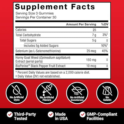 Force Factor Horny Goat Weed Gummies for Men, Natural Male Drive & Vitality Supplement with Ingredients for Superior Absorption, Delicious Passion Berry Flavor, Black, 90 Count