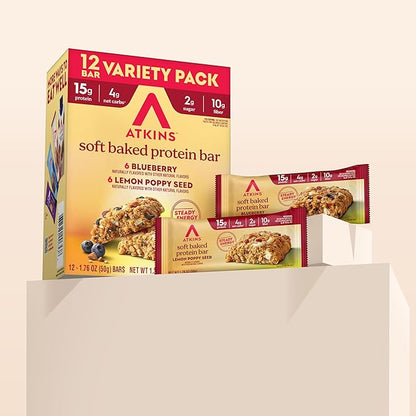 Atkins Soft Baked High Protein Bars, Lemon Poppyseed & Blueberry Flavors, 15g Protein, 4g Net Carbs, 2g Sugar, Keto Snacks, Low Sugar Protein Bars, High Fiber Snacks, 12 pk (6 bars each flavor)