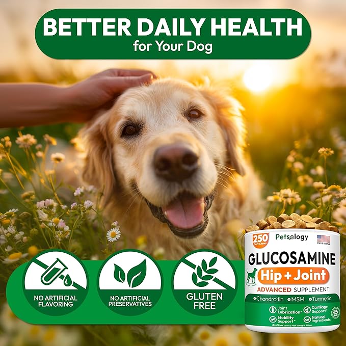 Glucosamine for Dogs - 250 Chews with Chondroitin - Hip and Joint Supplement with MSM - Turmeric - Omega 3 - Joint Pain Relief - Advanced Support for Dog Health - For Large, Medium & Small Breeds