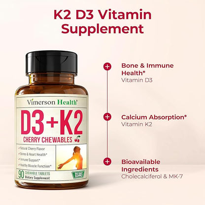 Vitamin D3 K2 Supplement – All-in-1 Support for Immune, Bone & Heart Health – Vitamin D + Vitamin K (as MK7) – K2 D3 2000IU Vitamin Supplement, 90 Natural Cherry-Flavored Chewables
