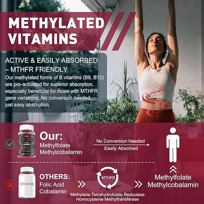 Super Methylated B Complex Vitamin Gummies – All B Vitamins + Inositol, Biotin, PABA, Iron, Choline for Women & Men, Methyl B12 2000 mcg, Folate, B1,B2,B3,B5,B6,B7, Supports MTHFR Gene & Energy, 60 Ct