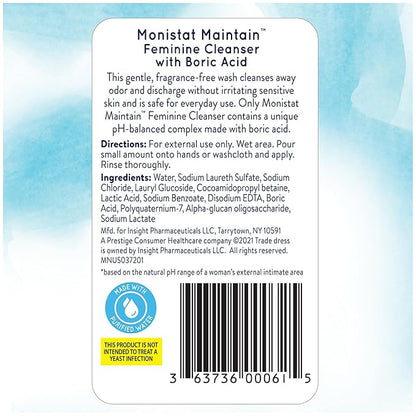 Monistat Boric Acid Feminine Wash, Fragrance-Free Intimate Wash for Women with Gentle pH-Balanced Formula, 16 Fl Oz (Pack of 2)