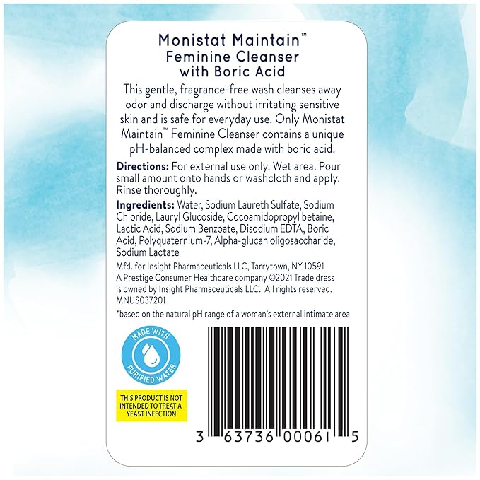 Monistat Boric Acid Feminine Wash, Fragrance-Free Intimate Wash for Women with Gentle pH-Balanced Formula, 16 Fl Oz
