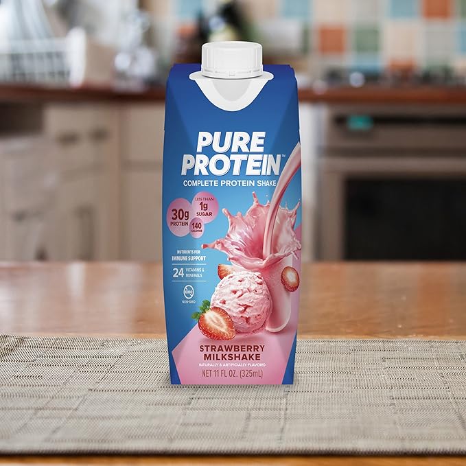 Pure Protein Strawberry Protein Shake,30g Complete-Protein,Ready to Drink and Keto-Friendly,Vitamins A,C,D,and E plus Zinc to Support Immune Health,11oz Bottles,(Pack of 24)
