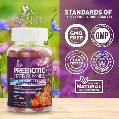 Fiber Gummies For Adults - Daily 3X Strength Soulable Fiber 4g Per Serving Gummy Supplement, Prebiotic Gummy Digestive Health Support - Plant Based Fiber Regularity & Digestion Support - 60 Gummies