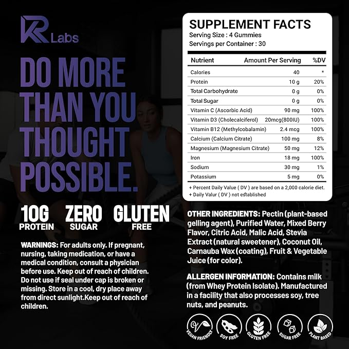Zero Carb 100% Pure Whey Isolate Protein Gummies | 300g Total Protein per Bag | 10g per Serving Plant Based with Vitamins for Men & Women | Gluten Free Non-GMO (Mixed Berry) | 120 Count