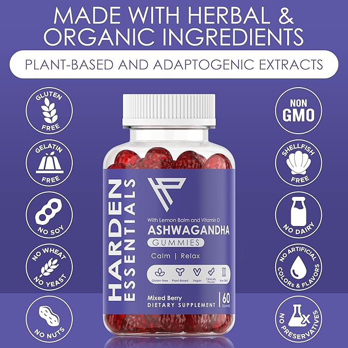 KSM-66 Ashwagandha Gummies 750mg Per Gummy – 1,500mg Per Serving – Stress & Cortisol Support – with Lemon Balm & Vitamin D – 60 Count (30 Day Supply) – Vegan – Harden Essentials