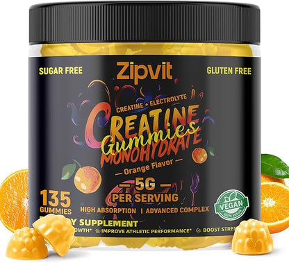 zipvit Creatine Monohydrate Gummies (5g) – Pre-Workout Energy & Muscle Growth Support for Men & Women | Orange Electrolyte Gummies (135 Count)