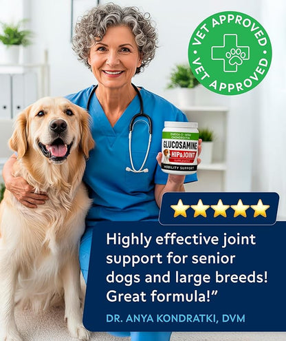 Glucosamine Treats for Dogs - Joint Supplement w/Omega-3 Fish Oil - Chondroitin, MSM - Advanced Mobility Chews - Joint Pain Relief - Hip & Joint Care - Bacon Flavor - 240 Ct - Made in USA