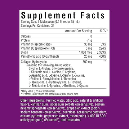 Liquid Collagen Beauty Formula with Amino Acids, Protein and Biotin, Delicious Grape Flavor, Purple 16 oz ,32 servings