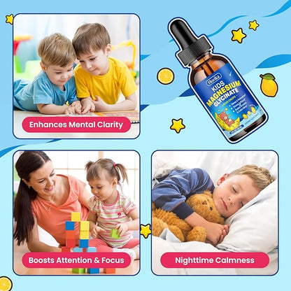 2 Pack Magnesium Glycinate Liquid for Kids - with L-Theanine Omega-3, Vitamin B6, D3, Zinc - Kids Magnesium Drops for Sleep, Relaxation, Calm & Focus - 2 Fl Oz, Lemon Flavor