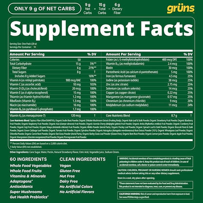 Gruns Adults Super Greens Gummies, Multivitamin Superfood Gummy Bears, Spirulina, Chlorella, Prebiotics & Fiber Gummies for Digestive Health, Adaptogens Supplement, 20 Vitamins & Minerals, 10 Count