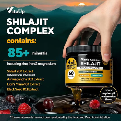 VitaUp Himalayan Shilajit Gummies for Men & Women – Sugar-Free Shilajit Gummies with Fulvic Acid – Pure Energy, Immune & Healthy Aging Support – 60 Gummies