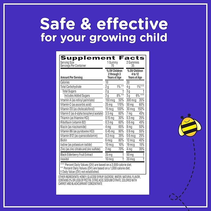 Zarbee's Complete Kids Multivitamin Gummies + Immune Support, Berry Flavor, Honey-Sweetened, Gluten-Free & Gelatin-Free, Vitamins A, C, D3, E, B6, B12, Folic Acid & B-Complex, 70 Count (Pack of 2)