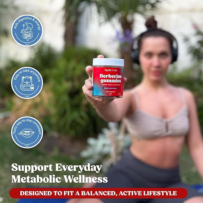 Kynis & co. Berberine Gummies with Ceylon Cinnamon and Apple Cider Vinegar - Sugar Free - Blueberry and Raspberry Flavor - 60ct - Supports metabolic and Digestive Health