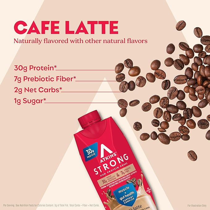 Atkins Strong High Protein Shake, Café Latte Flavored, 30g Protein, 7g Prebiotic Fiber, 1g Sugar, Muscle and Gut Health Support, GLP-1 Support, Low Carb and Low Sugar Coffee Protein Shake, Keto Friendly, 12 Count