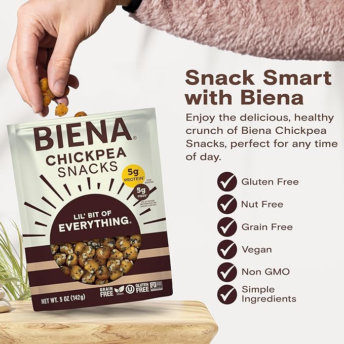 Biena Crispy Roasted Chickpea Snacks, Lil’ Bit of Everything, High Protein Snacks, High Fiber Snacks, Gluten Free, Plant-Based, Non-GMO, Healthy Snacks for Adults and Kids, 4-Pack 5 Ounce Bags